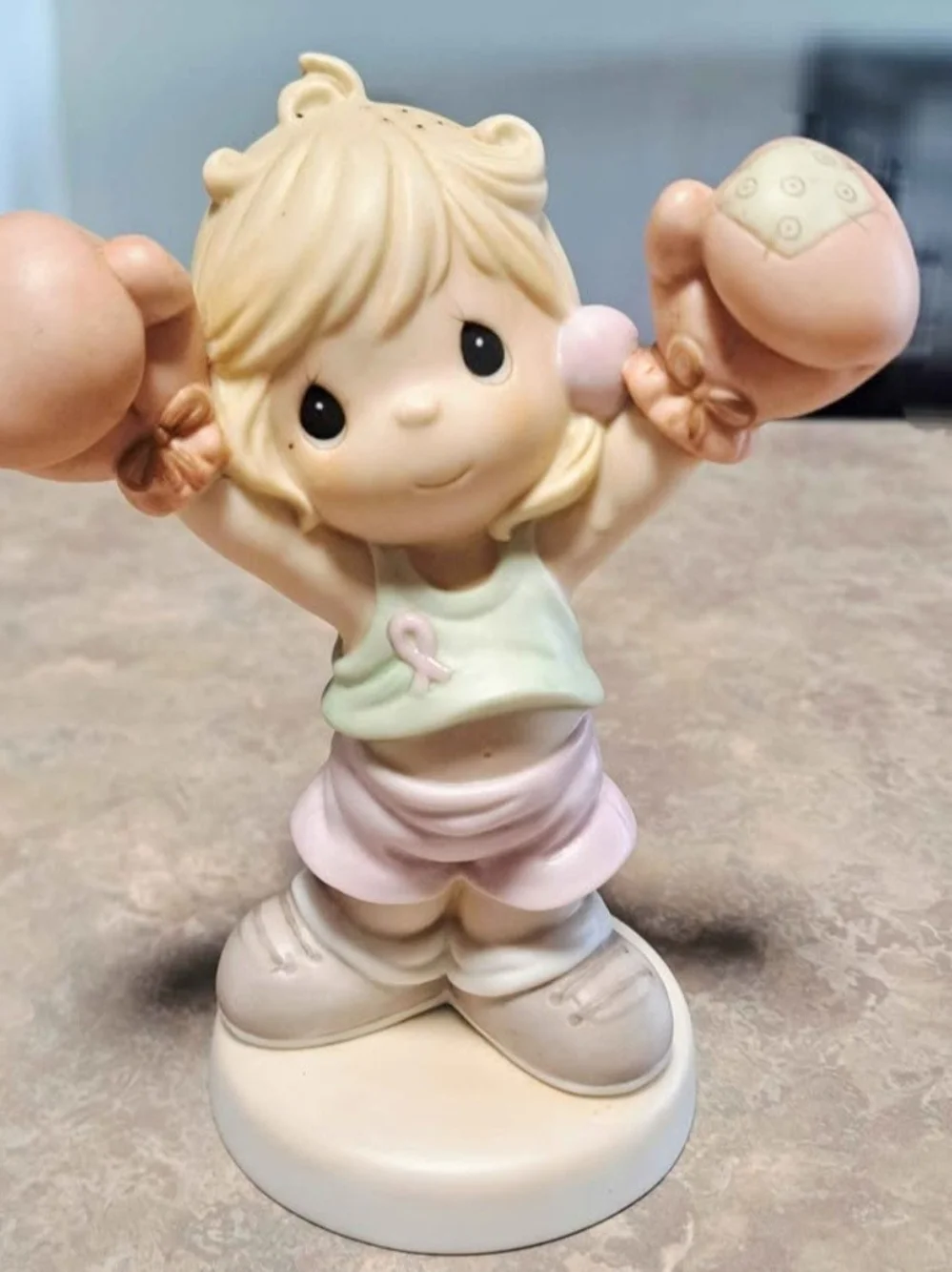 Precious Moments Blonde Girl Figurine with Pink Gloves & Mint Top